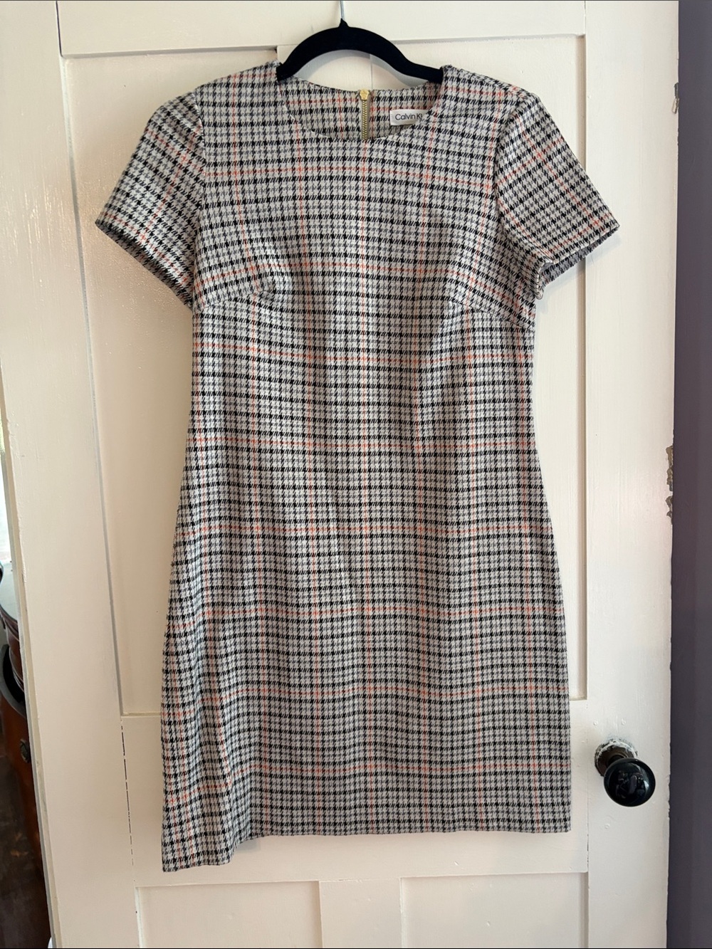 Calvin Klein Black, White & Orange Houndstooth Short-Sleeve Sheath Dress